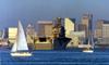 San Diego skyline, harbor, naval ship and yachts